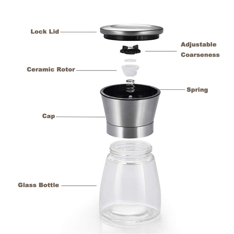 Mincham Salt and Pepper Grinder Set of 2, Premium Stainless Steel Spice Mill with Adjustable Coarseness, Ceramic Blades, Refillable Glass Body with 60Z capacity - Image 2